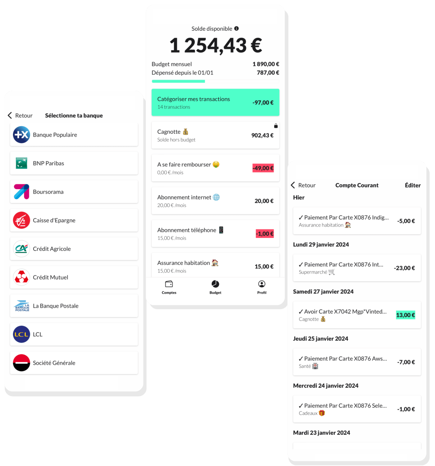 Captures de l'application mobile Budgeez